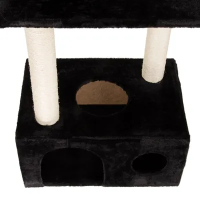Arbre à chat avec poteaux en sisal blanc et base noire, comprenant une maisonnette cubique avec trois ouvertures rondes visibles.