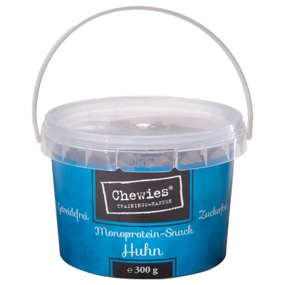 Кутия Chewies Trainings-Happen Monoprotein-Snack Huhn, 300 г. Видим текст: Getreidefrei, Zuckerfrei.