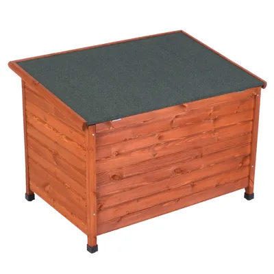 Caseta para mascotas de madera con techo plano de color oscuro. Estructura rectangular, paneles de madera visibles y patas cortas. Sin marcas ni texto visible. Caseta para mascotas de madera con techo plano de color oscuro. Estructura rectangular, paneles de madera visibles y patas cortas. Sin marcas ni texto visible.