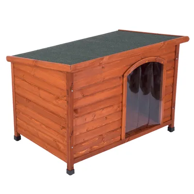 Caseta rectangular de madera con techo plano oscuro y entrada arqueada cubierta por tiras transparentes de plástico. Patas cortas negras visibles en las esquinas. Caseta rectangular de madera con techo plano oscuro y entrada arqueada cubierta por tiras transparentes de plástico. Patas cortas negras visibles en las esquinas.