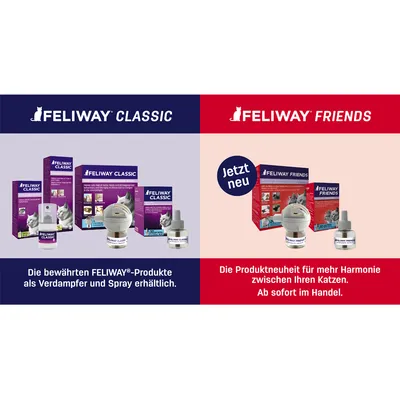 Feliway Classic: проверенные продукты в виде испарителя и спрея. Feliway Friends: новинка для гармонии между кошками, теперь в продаже.