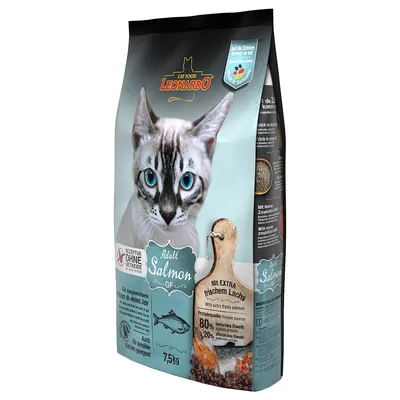 Leonardo Cat Food Adult Salmon GF, рецепта без зърнени храни, с прясна сьомга, източник на протеин: 80% животински, 20% растителен, подходяща и за котки. 7,5 кг.