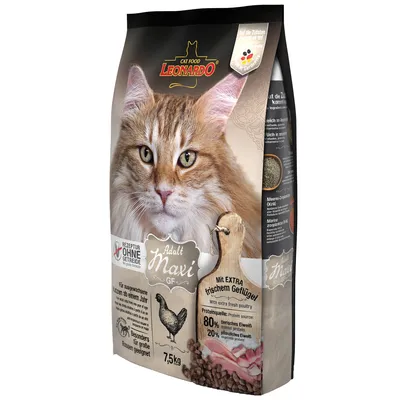 Leonardo Cat Food Adult Maxi GF, 7.5kg bag with large cat image, text: Mit extra frischem Geflügel, protein source 80% animal, 20% plant, ohne Getreide, for adult cats from 1 year