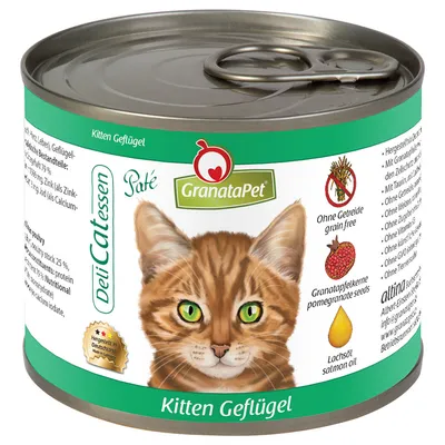 GranataPet DeliCatessen Paté pre mačiatka, hydina. Bez obilnín, s granátovými jadrami a lososovým olejom. Vyrobené v Nemecku.