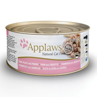 Applaws Natural Cat Food, 70 g burk. Tydlig text: Tuna Fillet with Prawn, 100% Natural, Dolphin Friendly. Bild på tonfisk och räkor synlig på etiketten.