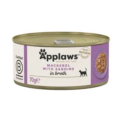 Applaws kattmatburk, makrill med sardiner i buljong, 70 g. Certifierad B Corporation, 100 % naturliga ingredienser.