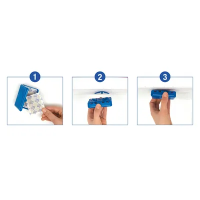 Instrucțiuni de utilizare a unui odorizant de aer albastru: 1. Introduceți pastila parfumată, 2. Fixați suportul sub mobilier, 3. Închideți suportul.