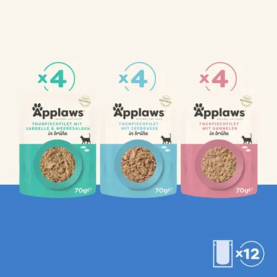 Applaws Thunfischfilet in Brühe, Sorten: Sardelle & Meeresalgen, Seebrasse, Garnelen. Packung à 70g, je Sorte x4, insgesamt x12. 100% natürlich, Katzenfutter.