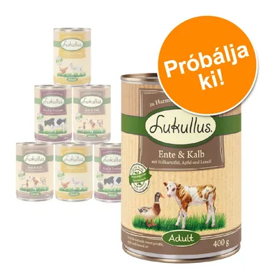 Lukullus konzerv válogatás, látható: Ente & Kalb, Rind & Truthahn, Geflügel & Lamm. Narancssárga körben: Próbálja ki! Fő konzerven: Adult, 400 g.