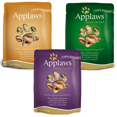 Applaws Natural Cat Food 70 g poser: Chicken Breast & Pumpkin, Chicken Breast & Asparagus, Chicken Breast & Wild Rice. 100% Natural. Tekst på engelsk og flere sprog.