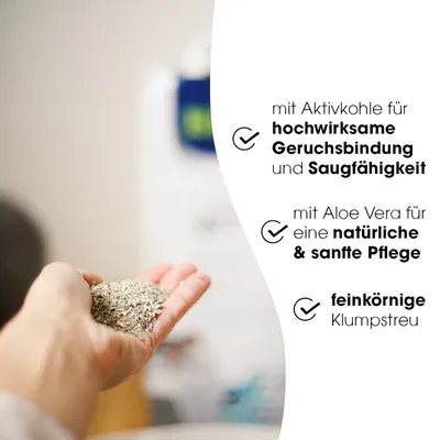Feinkörnige Klumpstreu mit Aktivkohle für hochwirksame Geruchsbindung und Saugfähigkeit sowie Aloe Vera für natürliche und sanfte Pflege.