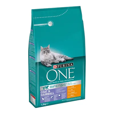 Purina ONE Bifensis Coat & Hairball száraz macskaeledel, csirke, 1,5 kg-os csomagolás, látható márkanév és terméknév a zacskón