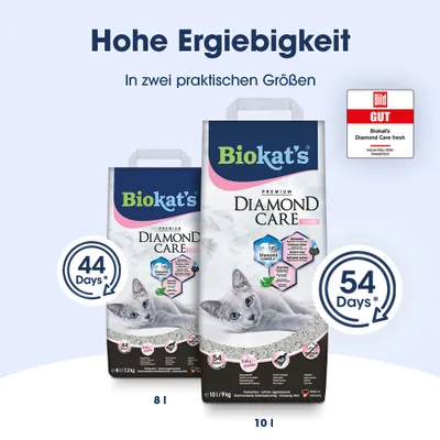 Biokat's Diamond Care fresh Katzenstreu, hohe Ergiebigkeit, erhältlich in 8 l (44 Tage) und 10 l (54 Tage), Bild-Testurteil GUT.