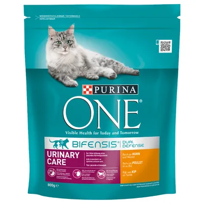 Purina ONE Bifensis Dual Defense Urinary Care torrfoder för katt, 800 g. Text: Rich an Huhn und Weizen, Visible Health for Today and Tomorrow. Bild på katt på förpackningen.