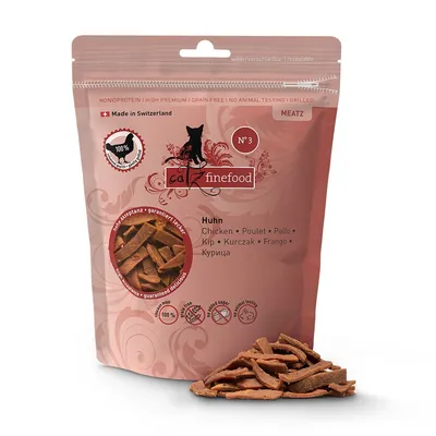 Confezione catz finefood Meatz N°3 Huhn, snack per gatti al pollo. Testi visibili: Made in Switzerland, monoprotein, grain free, no animal testing, 100 %, senza zucchero aggiunto.