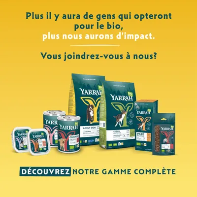 Yarrah alimentation bio pour animaux, différents produits illustrés. Découvrez notre gamme complète.