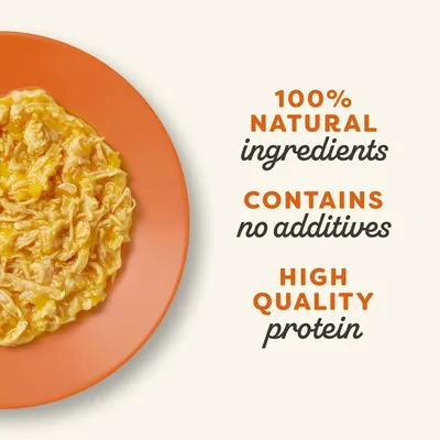 Product features: 100% natural ingredients, contains no additives, high quality protein. Image shows food served on an orange plate.