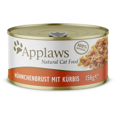 Applaws Natural Cat Food, 100% Natural, HÜHNCHENBRUST MIT KÜRBIS, 156g. Dåse med billede af kylling og græskar. Tekst på tysk og engelsk.