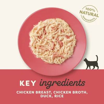 Key ingredients: chicken breast, chicken broth, duck, rice. 100% natural ingredients shown with food on a plate and cat icon.