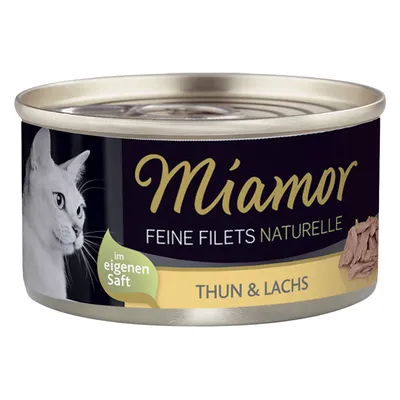 Miamor Feine Filets Naturelle Thun & Lachs, text på tyska: im eigenen Saft. Bild på katt och filébitar synliga på burkens etikett.