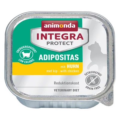 animonda INTEGRA PROTECT ADIPOSITAS, mit HUHN, energiereduziert, viljaton, veterinary diet -kissan märkäruoka. Teksti myös englanniksi ja hollanniksi kannessa.