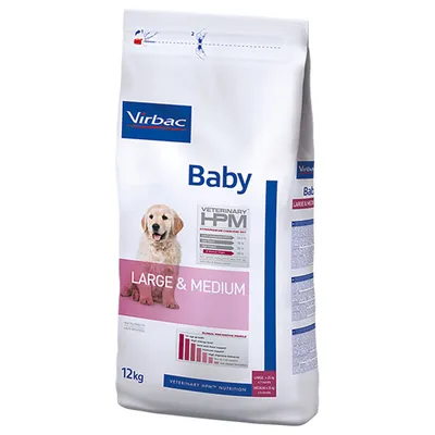 Virbac Baby Veterinary HPM Large & Medium, 12 kg. Widoczny wykres profilu żywieniowego oraz zdjęcie szczeniaka na opakowaniu.