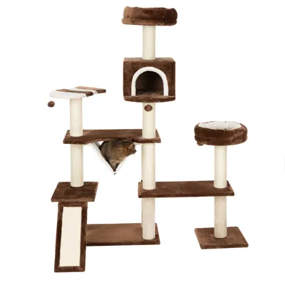Cat tree with brown plush cover, multiple levels, cave, hammock and sisal scratching surfaces. Cat sitting in the hammock.