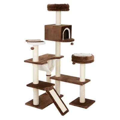 Brown cat tree with multiple levels, cave, hammock, sisal scratching surfaces and padded resting areas.