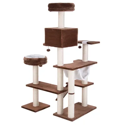 Klatremiljø til katte med flere niveauer, sisalbeklædte stolper, to runde senge, hængekøje, firkantet hule og platforme. Farve: brun og beige. Materialer: stof og sisal.
