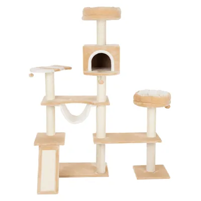 Cat tree with multiple levels, cave, hammock and resting areas in beige. Suitable for cats for climbing, playing and resting.
