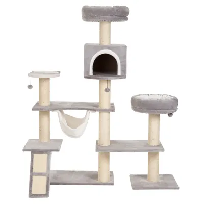 Rascador para gatos de varios niveles en color gris, con postes de sisal, cueva, hamaca, plataformas y dos camas redondas. Incluye pelotas colgantes visibles.