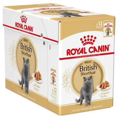 Royal Canin Adult British Shorthair Feline Breed Nutrition, 12 x 85 g poser. Billede af grå kat og foderstykker på tallerken. Teksten 'Adapted texture' synlig.