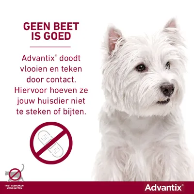 GEEN BEET IS GOED. Advantix doodt vlooien en teken door contact, zonder dat ze je huisdier hoeven te steken of bijten. Niet gebruiken voor katten. Advantix merknaam zichtbaar.