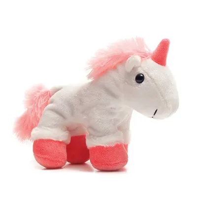 Pluche eenhoornspeelgoed in wit met roze manen, rode hoorn en rode hoeven.