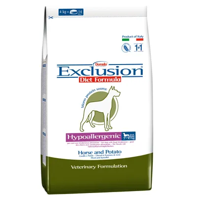 Dorado Exclusion Diet Formula Hypoallergenic Horse and Potato, mono protein source, 4 kg motsvarar 14 dagar, för små hundar 2–10 kg. Product of Italy. Veterinary Formulation.