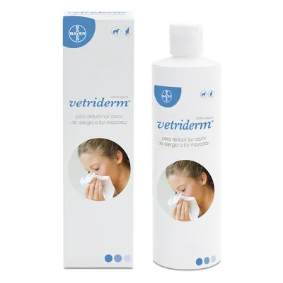 Bayer Vetriderm loção para reduzir alergias a animais de estimação. Embalagem e frasco com nome do produto e logótipo visíveis.