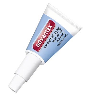 advantix pro psy nad 25 kg spot-on sol. pre psov spot-on sol. Bílá plastová tuba s modrým štítkem a červeným nápisem advantix.