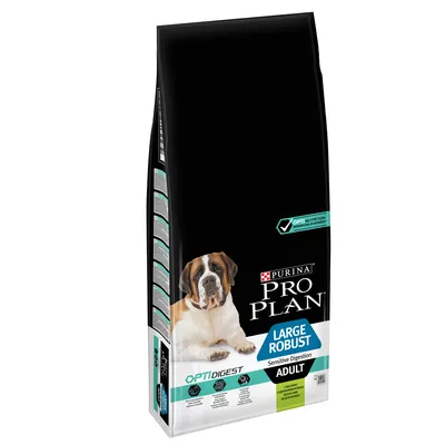 Sac hrană uscată Purina Pro Plan Large Robust Sensitive Digestion Adult, OPTIDIGEST, imagine cu câine pe ambalaj. Text vizibil: Opti Nutrition, crocante, carne de miel.