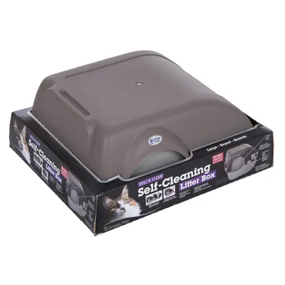 Omega Paw Roll'n Clean самопочистваща се котешка тоалетна, голям размер. Опаковката показва изображение на продукта и котка.