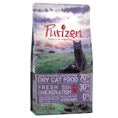 Purizon Dry Cat Food, 70% selected animal ingredients, 30% fruit, vegetables & herbs, 0% added grain, fresh chicken & wild-caught fish, dla dorosłych kotów sterylizowanych, 400 g