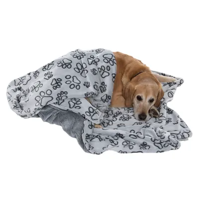 Hund ligger på en grå filt med tassmönster, inbäddad för komfort och värme.