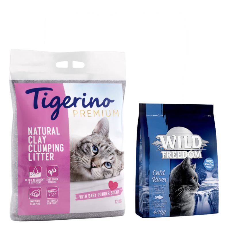 Lot découverte : 2 x 12 kg Litière Tigerino Premium senteur talc + 400 g Croquettes Wild Freedom