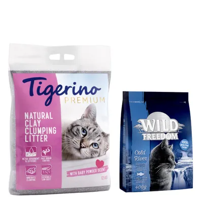 Lot découverte : 2 x 12 kg Litière Tigerino Premium senteur talc + 400 g Croquettes Wild Freedom