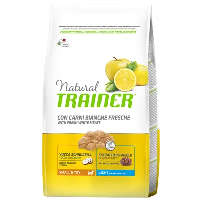Natural Trainer Small & Toy Light koiranruoka, con carni bianche fresche, yucca schidigera, bean extract. Made in Italy. Pakkauksessa sitruuna ja omena kuvina.