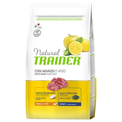 Natural Trainer CON MANZO E RISO WITH BEEF AND RICE, Yucca Schidigera, Alga Spirulina, Small & Toy, Adult (8+ mesi/months) - koiranruokapakkaus, naudanliha ja riisi näkyvissä