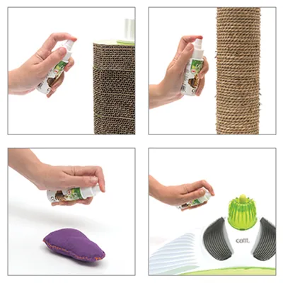 Spray Catit montré en utilisation sur griffoir en carton, poteau à griffer en corde, jouet en tissu violet et accessoire pour chat Catit. Étiquette Catit visible sur le flacon et l’accessoire.