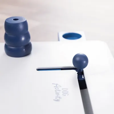 Jeu d’intelligence pour chien en plastique, inscription visible : DOG Activity, pièces empilées et levier bleu sur plateau blanc.