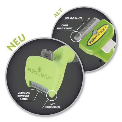 Comparación de dos cepillos FURminator: modelo nuevo con borde curvado y protección para la piel, modelo antiguo con borde recto sin protección. Texto en alemán visible en la imagen.