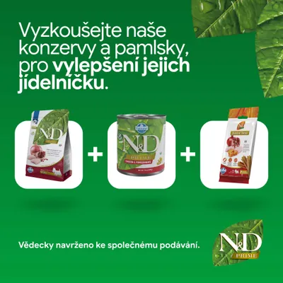 N&D Prime suché krmivo, mokré krmivo a dentálne maškrty. Vedecky vyvinuté na spoločné kŕmenie. N&D Prime suché krmivo, mokré krmivo a dentálne maškrty. Vedecky vyvinuté na spoločné kŕmenie.