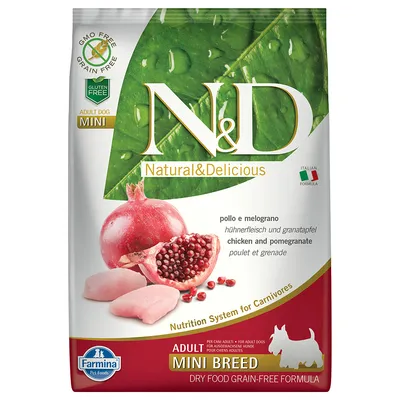 Farmina N&D Natural & Delicious Adult Mini Breed csirke és gránátalma, gabonamentes száraztáp kis testű felnőtt kutyáknak. GMO free, grain free, gluten free feliratok láthatók.